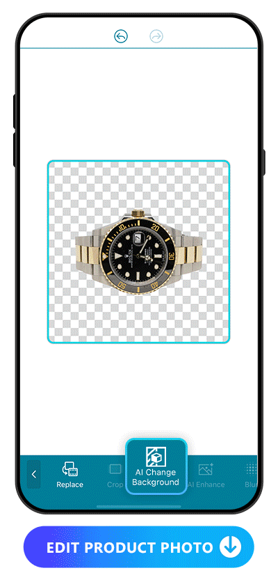 process of using Promeo to remove the background of a watch product image and apply AI product background to serve as product photos for Amazon ads